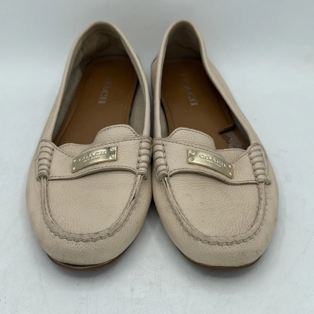 COACH Driving Loafers Fredrica Pebbled Leather Ivory Flats Slip On Womens 8.5B